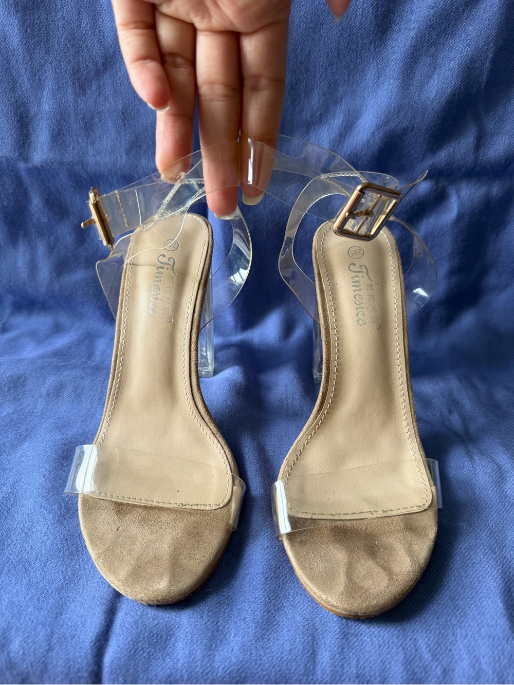 Clear Strap Beige Block Heel Sandals